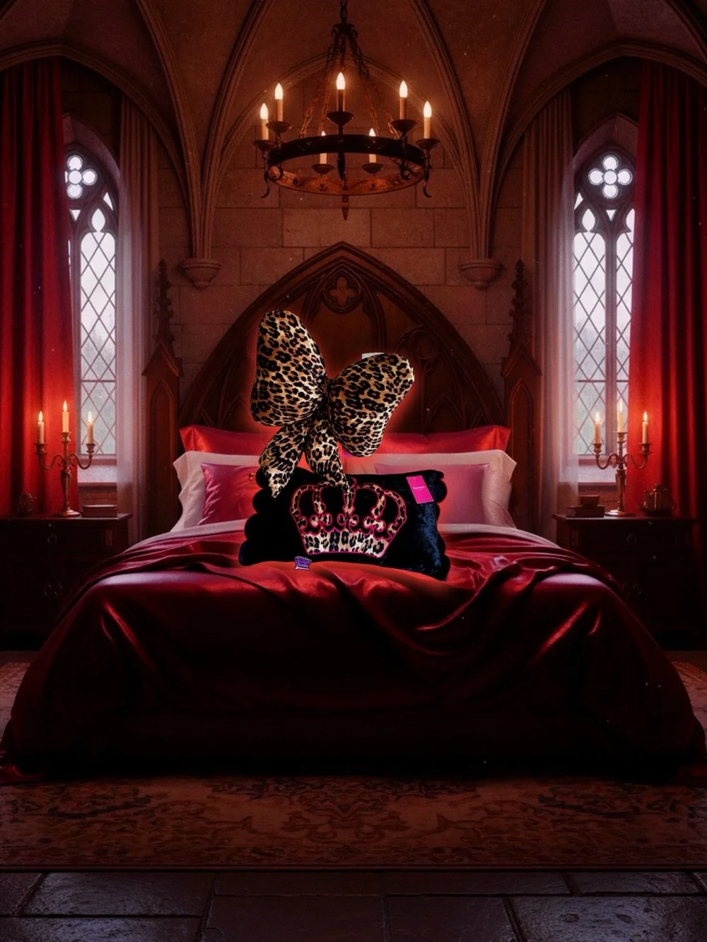 Juicy Couture Large Velvet Leopard Goth Crown & Matching Bow Pillow 2 Bundle Set
